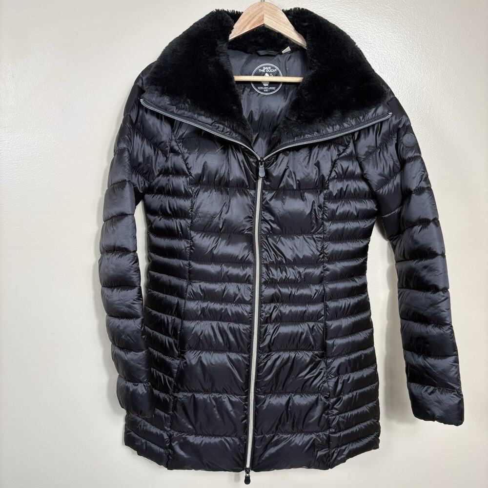 Save The Duck Women's Black Ultra Light Puffer Coat Faux Fur Collar Size 1